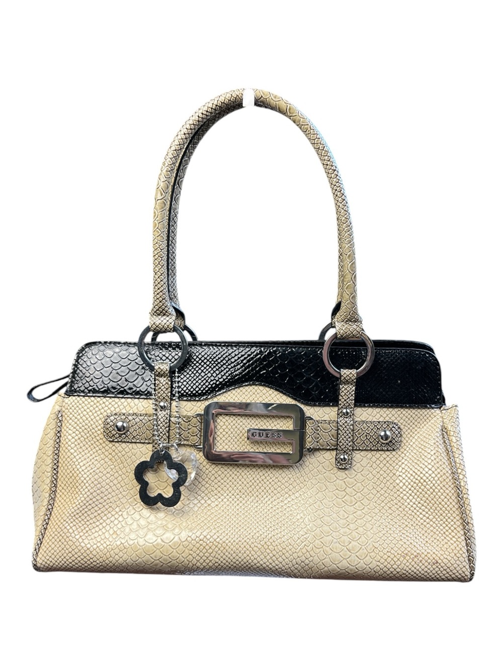 vintage GUESS Y2K faux snakeskin satchel handbag dual-tone cream & black python